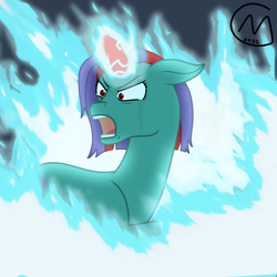 Size: 3200x3200 | Tagged: safe, artist:maître cervidé, oc, oc:hisark kirff, pony, unicorn, angry, blue fire, crying, fire, high res, magic, screaming, thunder