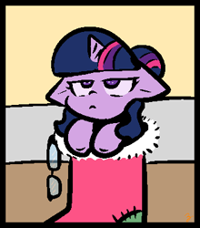 Size: 352x400 | Tagged: safe, alternate version, artist:zutcha, sci-twi, twilight sparkle, pony, unicorn, equestria girls, g4, christmas, christmas stocking, equestria girls ponified, female, floppy ears, glasses, holiday, sci-twi is not amused, solo, tiny, tiny ponies, twilight sparkle is not amused, unamused, unicorn sci-twi