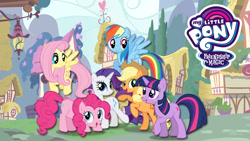 Size: 1920x1080 | Tagged: safe, applejack, fluttershy, pinkie pie, rainbow dash, rarity, twilight sparkle, earth pony, pegasus, pony, unicorn, g4, official, season 1, female, mane six, mare, my little pony logo, ponyville, unicorn twilight