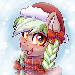 Size: 2362x2362 | Tagged: safe, artist:dandy, oc, oc only, oc:sylvia evergreen, pegasus, pony, blushing, bow, braid, braided pigtails, bust, christmas, clothes, ear fluff, eye clipping through hair, female, freckles, happy, hat, high res, holiday, looking at you, mare, open mouth, pigtails, portrait, santa hat, scarf, snow, snowfall, solo