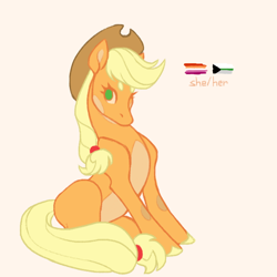 Size: 700x700 | Tagged: safe, artist:frostedsoul, derpibooru exclusive, applejack, earth pony, pony, g4, colored hooves, cowboy hat, demiromantic, demiromantic pride flag, female, hat, headcanon, lesbian, lesbian pride flag, lgbt headcanon, mare, no pupils, pink background, pride, pride flag, simple background, sitting, solo