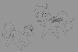 Size: 1280x853 | Tagged: safe, artist:stray prey, oc, oc only, oc:flare, oc:lucent, bat pony, pony, unicorn, cute, duo, ear tufts, female, folded wings, looking at each other, looking at someone, male, monochrome, mother and child, mother and son, simple background, sketch, tongue out, wings