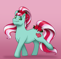 Size: 2636x2564 | Tagged: safe, artist:bella-pink-savage, december poinsettia, earth pony, pony, g3, birthflower ponies, female, flower, flower in hair, gradient background, high res, looking at you, poinsettia, smiling, solo