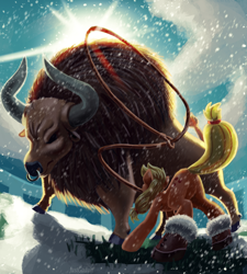 Size: 1800x2000 | Tagged: safe, artist:justgaduh, applejack, bull, pony, g4, boots, butt, duo, female, lasso, male, mare, mouth hold, nose piercing, nose ring, ox, piercing, plot, rope, shoes, snow