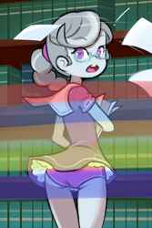 Size: 1280x1920 | Tagged: safe, artist:drantyno, silver spoon, human, equestria girls, g4, accidental exposure, ass, butt, clothes, female, implied rainbow dash, library, open mouth, panties, paper, rainbow trail, skirt, skirt lift, solo, surprised, underwear, upskirt