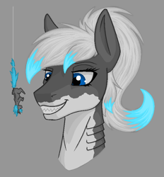 Size: 650x700 | Tagged: safe, artist:stray prey, oc, oc only, oc:lacera viscera, oc:lucent, original species, pony, shark, shark pony, unicorn, bust, duo, gills, gray background, hanging, hanging upside down, imminent vore, micro, portrait, shark teeth, sharp teeth, simple background, smiling, sternocleidomastoid, teeth, upside down
