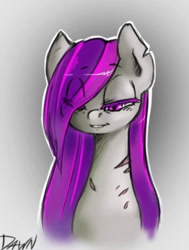 Size: 1125x1489 | Tagged: safe, artist:fore-trekker, oc, oc only, oc:dawn (project horizons), pegasus, pony, fallout equestria, fallout equestria: project horizons, cute, eye clipping through hair, fanfic art, female, gradient background, gray background, hair over one eye, looking at you, mare, open mouth, open smile, outline, pegasus oc, purple mane, scar, smiling, squint, text, white outline