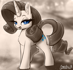 Size: 1054x1006 | Tagged: safe, artist:llametsul, rarity, pony, unicorn, g4, eyebrows, female, looking at you, mare, monochrome, open mouth, partial color, raised eyebrow, signature, solo