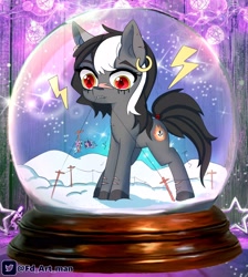 Size: 2690x3000 | Tagged: safe, artist:fd, oc, oc only, earth pony, pony, ear piercing, high res, piercing, snow globe, solo, telephone pole