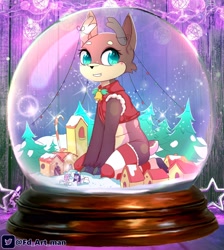 Size: 2690x3000 | Tagged: safe, artist:fd, oc, oc only, deer, candy, candy cane, clothes, food, high res, house, kneeling, snow globe, socks, solo, string lights, striped socks, tree