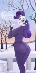 Size: 1500x2980 | Tagged: safe, artist:theretroart88, rarity, human, equestria girls, g4, ass, blushing, breasts, breath, busty rarity, butt, christmas, clothes, female, fence, hat, high res, holiday, lidded eyes, looking at you, looking back, looking back at you, open mouth, rarity's winter hat, rearity, sexy, snow, solo, stupid sexy rarity, tree, ushanka, winter hat, winter outfit
