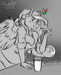 Size: 965x1200 | Tagged: safe, artist:sunny way, princess cadance, alicorn, anthro, g4, blushing, christmas, clothes, cookie, costume, cute, eating, female, food, hat, holiday, horn, milk, mistletoe, patreon, patreon reward, santa claus, santa costume, santa hat, solo, wings