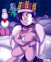 Size: 1850x2250 | Tagged: safe, artist:shadowreindeer, pipp petals, sparky sparkeroni, dragon, pegasus, pony, g5, adorapipp, baby, baby dragon, clothes, cute, female, hat, logo, male, mare, meta, scarf, snow, snowball, snowball fight, twitter, twitter logo, winter