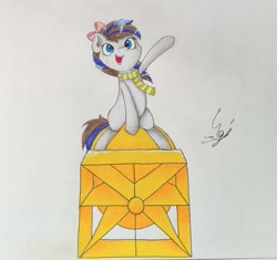 Size: 1673x1573 | Tagged: safe, artist:engi, oc, oc only, oc:breezy, earth pony, pony, atomic bomb, bow, clothes, earth pony oc, hair bow, nuclear weapon, riding a bomb, scarf, solo, striped scarf, traditional art, weapon