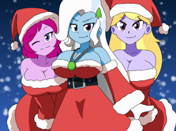 Size: 2144x1599 | Tagged: safe, artist:aokushan, fuchsia blush, lavender lace, trixie, human, equestria girls, g4, big breasts, breasts, busty fuchsia blush, busty lavender lace, busty trixie, christmas, clothes, costume, female, holiday, santa costume, trio, trio female, trixie and the illusions