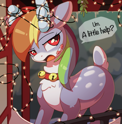 Size: 2772x2811 | Tagged: safe, artist:nookprint, rainbow dash, deer, reindeer, g4, bandaid, bell, bell collar, blue coat, christmas, christmas lights, collar, deer tail, deerified, female, high res, holiday, looking at you, mare, mistletoe, open mouth, pale belly, red eyes, reindeer dash, reindeerified, solo, species swap, speech bubble, stuck, tail, talking to viewer, tangled up