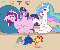 Size: 4604x3837 | Tagged: safe, artist:rupert, princess cadance, princess celestia, princess luna, spike, sunset shimmer, twilight sparkle, alicorn, dragon, pony, unicorn, series:sunsmoons&heartbellyballoons, g4, bedroom eyes, chibi, chubby, dialogue, fat, fat fetish, female, fetish, grin, incentive drive, luna is not amused, male, missing accessory, missing cutie mark, nervous, nervous smile, poking, princess decadence, smiling, squishy cheeks, this will end in weight gain, tongue out, unamused