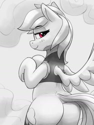 Size: 1313x1760 | Tagged: safe, artist:pabbley, rainbow dash, pegasus, pony, g4, bedroom eyes, butt, clothes, female, flying, grayscale, looking at you, looking back, looking back at you, mare, monochrome, partial color, plot, rainbutt dash, sexy, smiling, smiling at you, solo, stupid sexy rainbow dash, uniform, wip, wonderbolt trainee uniform