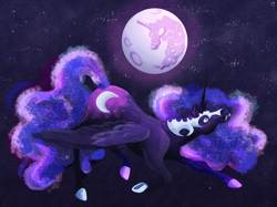 Size: 2048x1535 | Tagged: safe, artist:pink lemonade, nightmare moon, alicorn, pony, g4, fangs, female, full moon, hoers, mare, mare in the moon, moon, night, solo, starry night, stars, wings
