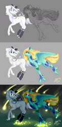 Size: 1320x2700 | Tagged: safe, artist:avroras_world, oc, oc only, pegasus, pony, bow, duo, female, hair bow, looking at each other, looking at someone, mare, pegasus oc, progression, running, signature, smiling, wings, wip