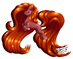 Size: 1024x820 | Tagged: safe, artist:avroras_world, oc, oc only, earth pony, pony, ^^, appaloosa, body freckles, butt freckles, coat markings, earth pony oc, eyes closed, female, freckles, happy, impossibly large mane, impossibly large tail, leaping, mare, signature, simple background, solo, tail, white background