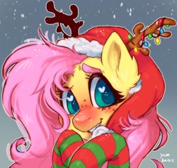 Size: 2048x1949 | Tagged: safe, artist:yumkandie, fluttershy, pegasus, pony, g4, antlers, aside glance, blushing, christmas, christmas lights, clothes, cute, female, freckles, hat, holiday, looking at you, mare, raised hooves, santa hat, shyabetes, smiling, smiling at you, snow, snowfall, socks, solo, stray strand, striped socks, three quarter view