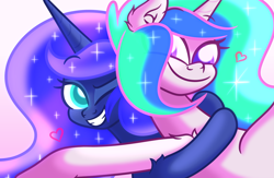 Size: 6000x3900 | Tagged: safe, artist:iceflower99, princess celestia, princess luna, alicorn, pony, g4, ear fluff, female, floating heart, freckles, heart, hug, missing accessory, one eye closed, shoulder fluff, shoulder freckles, siblings, sisters, smiling, video at source, video in description, wholesome