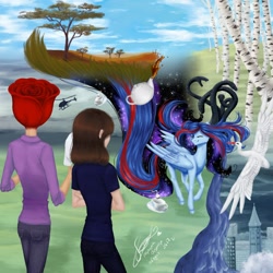 Size: 1300x1300 | Tagged: safe, artist:avroras_world, oc, oc only, human, ass, butt, city, ethereal mane, female, flying, galaxy mane, helicopter, mare, tree