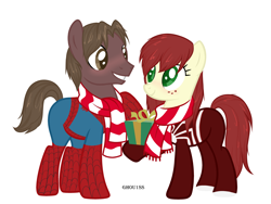Size: 3740x2815 | Tagged: safe, artist:ghou1ss, earth pony, pony, blushing, christmas, clothes, commission, duo, female, freckles, grin, heart, high res, holiday, looking at each other, looking at someone, male, mare, marvel, mary jane watson, peter parker, ponified, present, raised hoof, scarf, simple background, smiling, spider-man, spider-woman, stallion, straight, striped scarf, superhero, superhero costume, unshorn fetlocks, white background, ych result