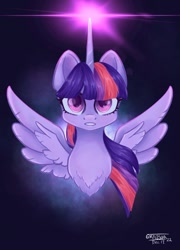 Size: 764x1063 | Tagged: safe, artist:klv2500, twilight sparkle, alicorn, pony, g4, bust, chest fluff, female, glowing, glowing horn, grin, horn, mare, signature, smiling, solo, spread wings, twilight sparkle (alicorn), wings