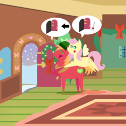 Size: 2160x2160 | Tagged: safe, anonymous artist, big macintosh, fluttershy, earth pony, pegasus, pony, series:fm holidays, series:hearth's warming advent calendar 2022, g4, advent calendar, christmas, female, fluttershy's cottage, hat, high res, holiday, hug, hug from behind, lineless, looking at each other, looking at someone, looking into each others eyes, male, mare, open mouth, open smile, pictogram, pointy ponies, ship:fluttermac, shipping, smiling, snow, stallion, straight, thermometer, winter