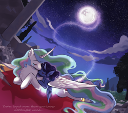 Size: 3592x3182 | Tagged: safe, artist:kawurin, princess celestia, princess luna, alicorn, pony, g4, castle, crying, curved horn, duo, foal, high res, horn, mare in the moon, moon, night, sky, stars