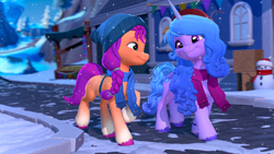 Size: 3840x2160 | Tagged: safe, artist:owlpirate, izzy moonbow, sunny starscout, earth pony, pony, unicorn, g5, 3d, clothes, cute, duo, female, hat, high res, izzybetes, looking at each other, looking at someone, mare, scarf, smiling, smiling at each other, snow, snowfall, sunnybetes, walking, winter, winter outfit