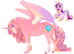 Size: 1900x1400 | Tagged: safe, artist:neighbaby, princess cadance, alicorn, pony, g4, bald face, blaze (coat marking), coat markings, colored hooves, colored wings, curly fetlocks, curved horn, facial markings, female, heart, heart mark, horn, looking at you, mare, multicolored mane, multicolored tail, multicolored wings, side view, simple background, smiling, smiling at you, socks (coat markings), solo, tail, unshorn fetlocks, white background, wings