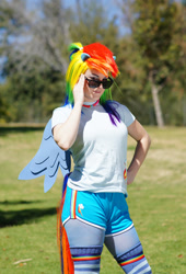 Size: 1019x1500 | Tagged: safe, rainbow dash, human, g4, clothes, cosplay, costume, irl, irl human, multicolored hair, photo, rainbow hair, solo, sunglasses