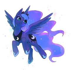 Size: 969x1000 | Tagged: safe, artist:hosikawa, princess luna, alicorn, pony, g4, female, flying, horn, mare, simple background, solo, spread wings, white background, wings