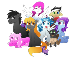 Size: 4080x3060 | Tagged: safe, artist:shubb, twilight sparkle, oc, oc:daggy, oc:golden glory, oc:kimsen, oc:lil cloudy, oc:lil jackle, oc:nebula dusk, oc:squishy, oc:storm cloud, earth pony, goo, goo pony, griffon, original species, pegasus, pony, 2023 community collab, derpibooru community collaboration, g4, chest fluff, clothes, earth pony oc, floppy ears, griffon oc, group, group photo, pegasus oc, plushie, scarf, simple background, transparent background