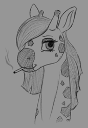 Size: 550x800 | Tagged: safe, artist:stray prey, oc, oc only, oc:lovelace filigree, giraffe, cigarette, female, monochrome, simple background, smoking, solo, sternocleidomastoid