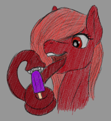 Size: 550x600 | Tagged: safe, artist:stray prey, oc, oc only, oc:bloodworm, original species, pony, body horror, eating, eldritch abomination, female, food, gray background, long tongue, mare, open mouth, popsicle, simple background, solo, sternocleidomastoid, tongue out