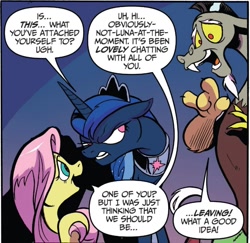 Size: 1260x1223 | Tagged: safe, idw, official comic, cosmos, discord, fluttershy, princess luna, alicorn, draconequus, pegasus, pony, g4, crown, implied cosmos, jealous, jewelry, possessed, regalia, shadow