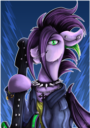 Size: 928x1313 | Tagged: safe, artist:jamescorck, oc, oc only, bat pony, pony, bat pony oc, bat wings, clothes, commission, digital art, electric guitar, guitar, looking at you, male, musical instrument, solo, wings