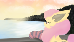 Size: 1764x1013 | Tagged: safe, anonymous artist, fluttershy, bat pony, g4, bat ponified, bat wings, clothes, cloud, fangs, female, flutterbat, looking at something, mare, race swap, scenery, smiling, socks, solo, striped socks, sunset, water, wings