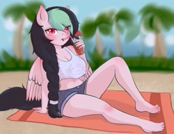 Size: 2048x1582 | Tagged: safe, artist:starfishkitty, oc, oc only, oc:galactic lights, pegasus, anthro, plantigrade anthro, barefoot, belly button, clothes, cocktail umbrella, drink, feet, food, glass, palm tree, pegasus oc, shorts, straw, tea, toes, tree