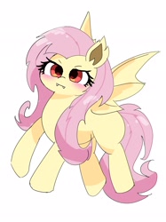 Size: 1530x2048 | Tagged: safe, artist:leo19969525, fluttershy, bat pony, hybrid, pegasus, pony, g4, cute, ears, ears up, female, flutterbat, flying, hair, mane, mare, race swap, red eyes, shyabates, shyabetes, simple background, solo, spread wings, tail, white background, wings