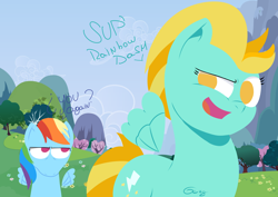 Size: 7016x4961 | Tagged: safe, artist:realgero, lightning dust, rainbow dash, pegasus, pony, g4, dialogue, duo, duo female, eyelashes, female, floating wings, looking at each other, looking at someone, mare, no pupils, wings