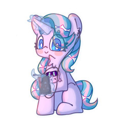 Size: 3543x3543 | Tagged: safe, artist:cro, oc, oc only, oc:凌云, pony, unicorn, 2023 community collab, derpibooru community collaboration, cellphone, earbuds, eye clipping through hair, high res, magic, phone, simple background, smartphone, solo, telekinesis, transparent background, white pupils