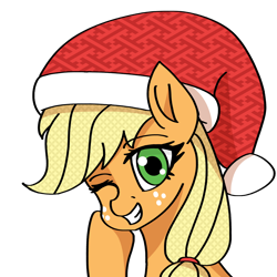 Size: 1200x1200 | Tagged: safe, artist:artevi, applejack, earth pony, pony, g4, bust, christmas, cute, grin, hat, holiday, hoof on cheek, looking at you, one eye closed, santa hat, simple background, smiling, solo, transparent background, wink