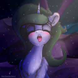 Size: 2048x2048 | Tagged: safe, artist:darbedarmoc, oc, oc:minerva, pony, unicorn, catching snowflakes, chest fluff, eyes closed, high res, moonlight, night, outdoors, snow, snowflake, solo, tongue out, winter