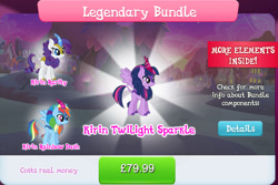 Size: 1284x859 | Tagged: safe, gameloft, rainbow dash, rarity, twilight sparkle, kirin, winged kirin, g4, my little pony: magic princess, bundle, cloven hooves, collection, costs real money, crack is cheaper, english, fangs, female, group, horn, kirin rainbow dash, kirin rarity, kirin twilight, kirin-ified, mobile game, numbers, species swap, spread wings, text, wings