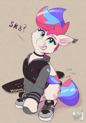 Size: 2827x4005 | Tagged: safe, alternate version, artist:pedalspony, oc, oc:pedals, pegasus, pony, choker, clothes, cute, dialogue, ear piercing, female, hoodie, looking at you, not zipp storm, piercing, pride, pride flag, shoes, simple background, sitting, skate shoes, skateboard, skater, smiling, solo, tail, teeth, trans female, transgender, transgender pride flag, wings